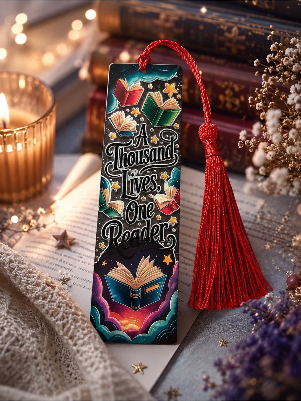Hand Crafted Colorful Booklover Bookmark with Red Tassel